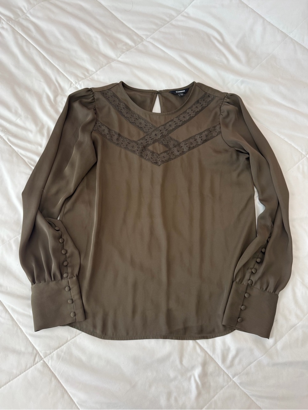 Express Olive Lace-Trim Long Sleeve Blouse - Women
